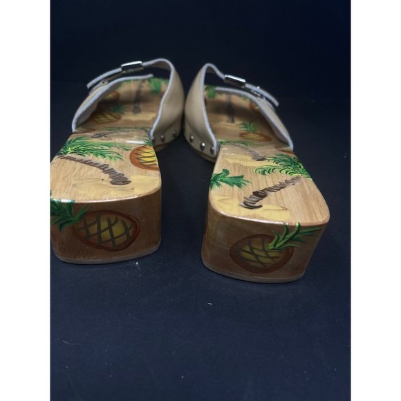 DR SCHOLLS Original Wood Exercise Sandal Leather Size 8M Pineapple Design Brazil - Picture 7 of 7